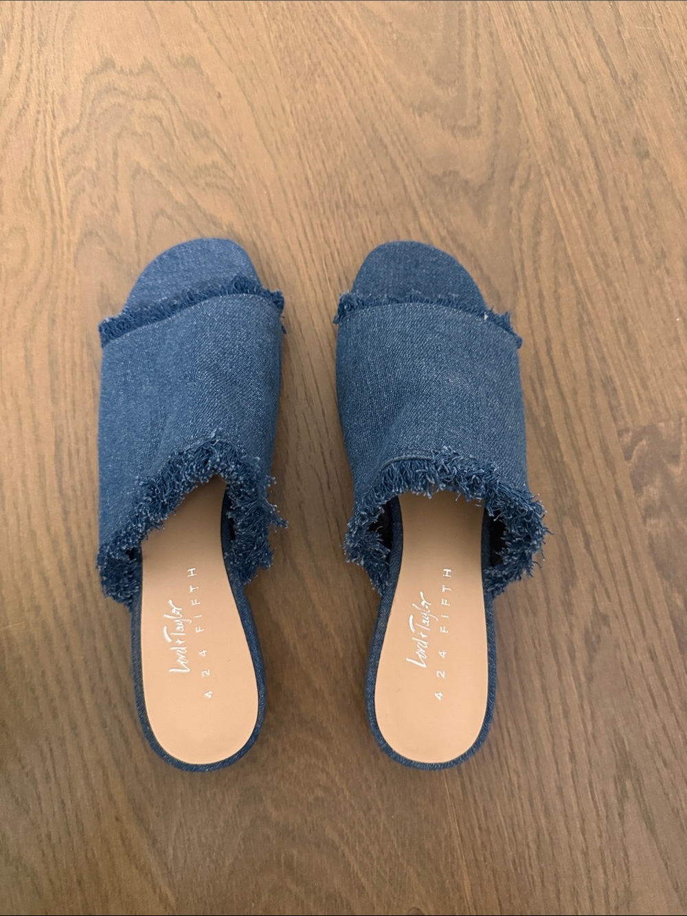 Vince Camuto Dark Blue Frayed Denim Slide Mules